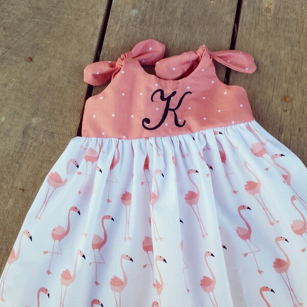 Flamingo dress, Beach Dress, Summer outfit, monogrammed baby dress, coral, coming home outfit, personalized, knot dress