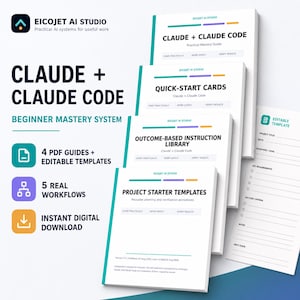Claude Code Beginner Guide, Claude AI Tutorial & Workflow Toolkit, PDF Guides + Editable Project Templates