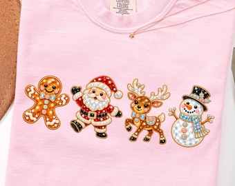 Christmas Characters Shirt, Comfort Colors Tee, Gingerbread Santa Reindeer Snowman Shirt, Pink Christmas Graphic Tee, Cute Holiday Shirt