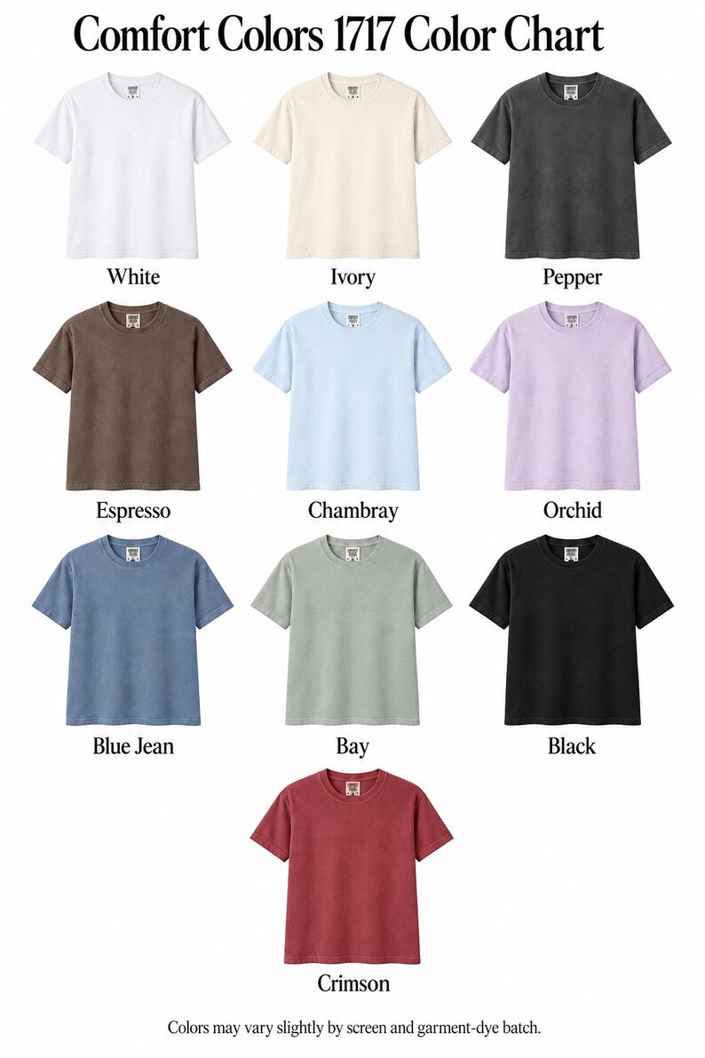 K&ouml;nnte beinhalten: Eine Comfort Colors 1717 Farbkarte mit zehn kurz&auml;rmeligen T-Shirts in verschiedenen Farbt&ouml;nen: Wei&szlig;, Elfenbein, Pfeffer, Espresso, Chambray, Orchidee, Blue Jean, Bay, Schwarz und Karmesinrot. Jedes T-Shirt hat einen Rundhalsausschnitt.