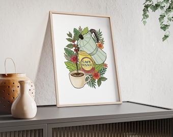 Cafe Bustelo Moka Pot Pouring Coffee poster | botanical coffee art, framed print