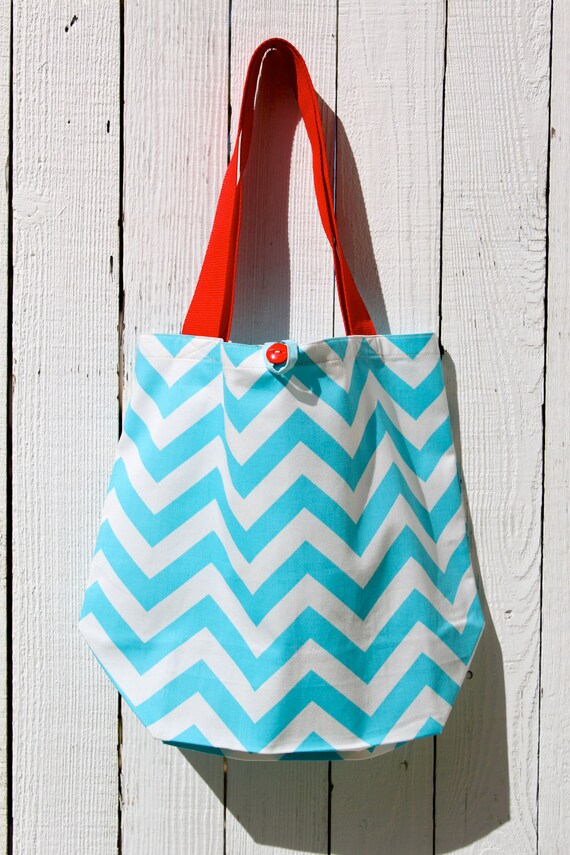 Items similar to Reusable Folding Tote Bag in Turquoise Chevron with