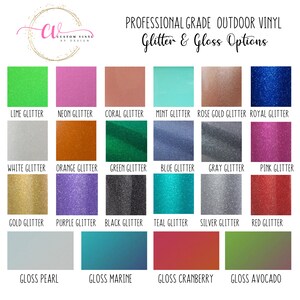 May include: A colour chart for professional grade outdoor vinyl featuring glitter and gloss options. The grid displays various swatches labelled with names like Lime Glitter, Rose Gold Glitter, Royal Glitter, and Gloss Pearl, showcasing a wide spectrum of colours.
