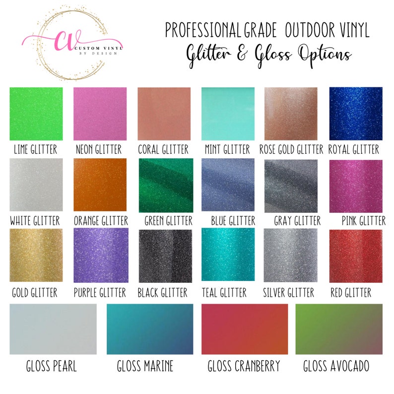 May include: A colour chart for professional grade outdoor vinyl featuring glitter and gloss options. The grid displays various swatches labelled with names like Lime Glitter, Rose Gold Glitter, Royal Glitter, and Gloss Pearl, showcasing a wide spectrum of colours.