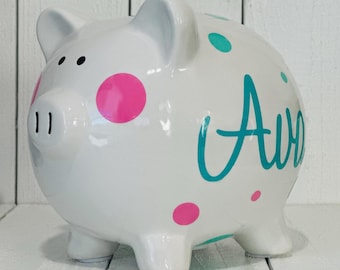 Personalized  Ceramic Piggy Bank for Girls • Baptism Keepsake, First Birthday or Christmas Gift for Kids
