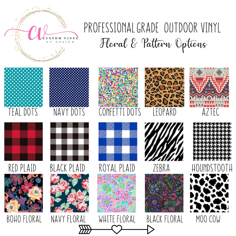 May include: A display of various vinyl patterns, including teal dots, navy dots, confetti dots, leopard print, and Aztec designs. Other patterns include red plaid, black plaid, royal plaid, zebra stripes, and houndstooth. Floral and cow print options are also shown.