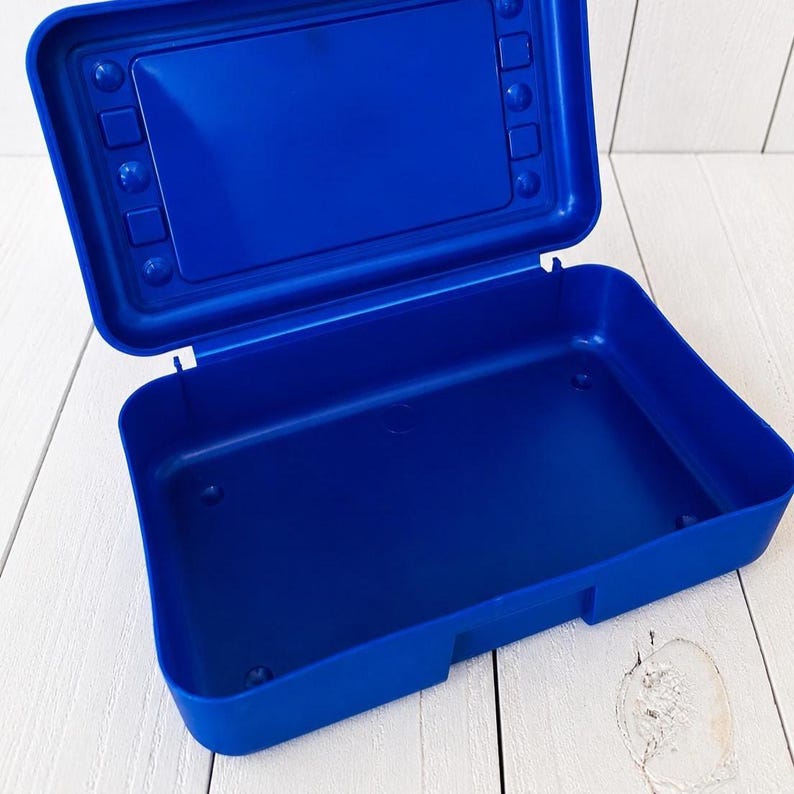 May include: A rectangular, open plastic storage box in a vibrant royal blue colour. The lid is attached with a hinge and features a recessed rectangular panel surrounded by small circular and square moulded indentations along the inner border.