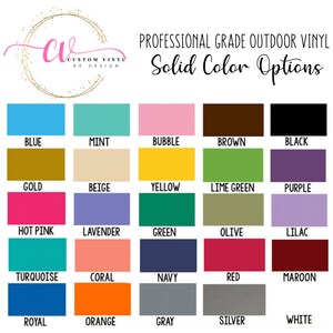 May include: A color chart displaying a variety of solid color options for outdoor vinyl. The chart includes colors such as blue, mint, bubble, brown, black, gold, beige, yellow, lime green, purple, hot pink, lavender, green, olive, lilac, turquoise, coral, navy, red, maroon, royal, orange, gray, silver, and white.