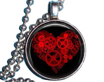 Red Gears Steampunk Heart  Art Photo Pendant,  St. Valentine's Silver and Resin Charm Jewelry, Nickel Coin Necklace by YessiJewels