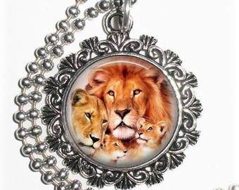 Lions Family Art Photo Charm Pendant, King of the Jungle Jewelry, Free Non Rust Ball Chain Necklace by Yessijewels