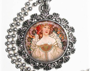 Nouveau Reverie Art Pendant, Woman Resin Pendant, Alphonse Mucha Art, Photo Pendant