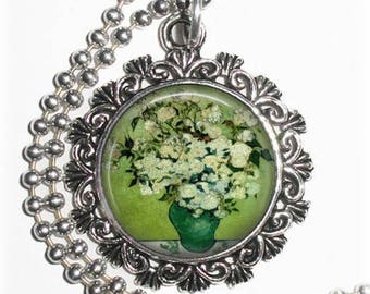 Vase of Roses Art Pendant, White Roses Resin Pendant, Van Gogh Art, Photo Pendant