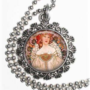 Nouveau Reverie Art Pendant, Woman Resin Pendant, Alphonse Mucha Art, Photo Pendant image 1