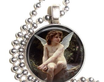 Cupid Pendant, Vintage William Adolphe Bouguereau Art, Angel Photo Pendant, Earrings and/or Keychain Round, Silver and Resin Charm Jewelry