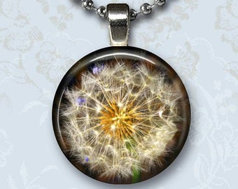 Dandelion Seed Photo Charm Pendant, Flower Glass Dome Jewelry, Silver Chain Necklace