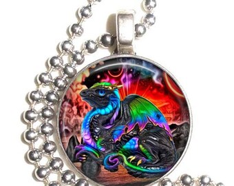 Colorful Dragon Altered Art Photo Pendant, Earrings and/or Keychain Round, Silver and Resin Charm Jewelry