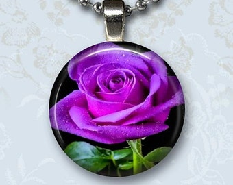 Violet Rose Photo Charm Pendant, Flower Glass Dome Jewelry, Silver Chain Necklace by Yessijewels