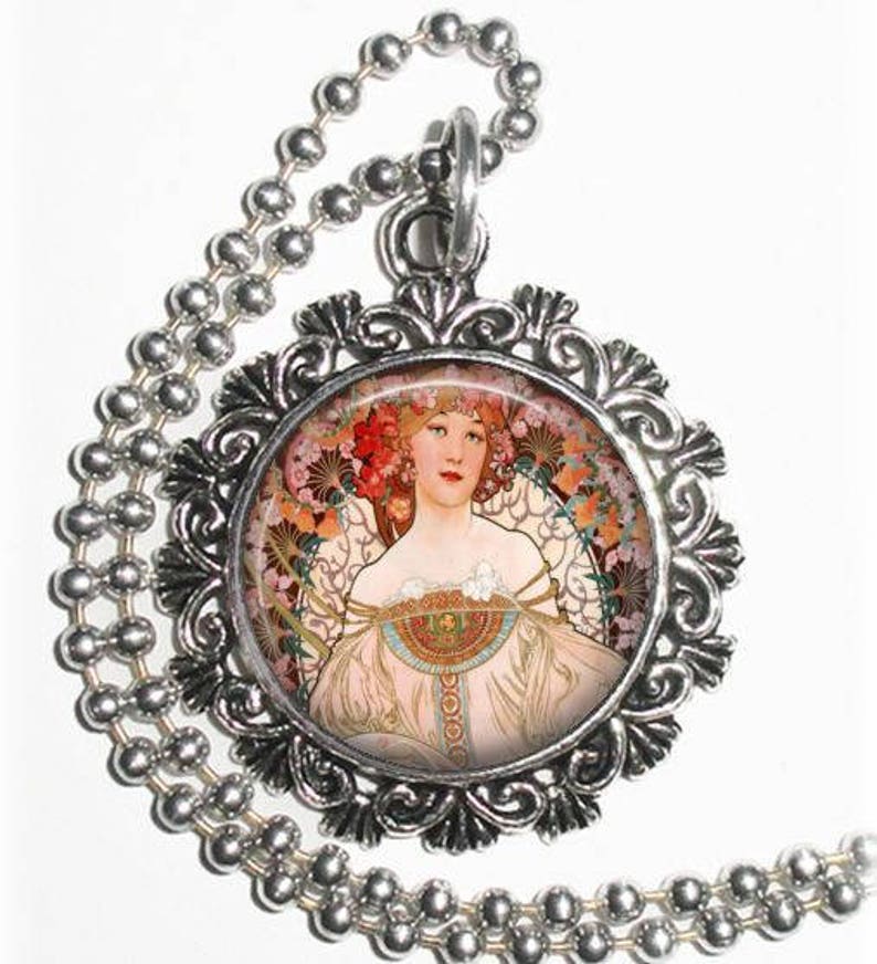 Nouveau Reverie Art Pendant, Woman Resin Pendant, Alphonse Mucha Art, Photo Pendant image 1