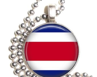 Costa Rica Flag Art Pendant, Earrings and/or Keychain, Round Photo Silver and Resin Charm Jewelry, Flag Earrings, Flag Key Fob