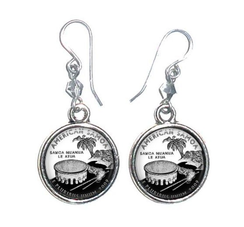 Silver and Resin Charm Jewelry Earrings andor Keychain Round USA Quarter Dollar Altered Art Photo Pendant American Samoa Charm