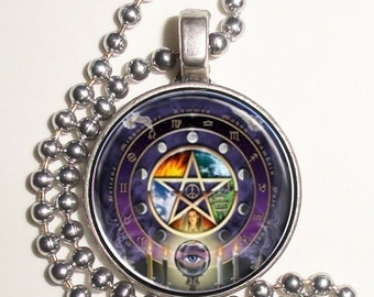 Astrology Pentagram Wicca Altered Art Photo Pendant, Keychain and/or Earrings, Round, Silver and Resin Charm Necklace