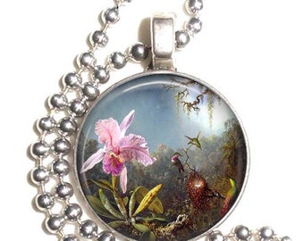 Cattleya Orchid and Three Brazilian Hummingbirds Art Pendant, Flower and Birds Resin Pendant, Earrings and Key-chain, Photo Jewelry