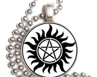 Anti-Possession Symbol Art Silver Pendant, Supernatural Resin Picture Nickel Coin Charm, Ball Chain Necklace