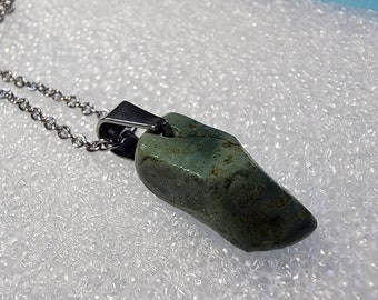 Bluegreen Quartz Necklace Hand Carved Riverstone  Pendant, Stainless Steel Chain - 18 inch