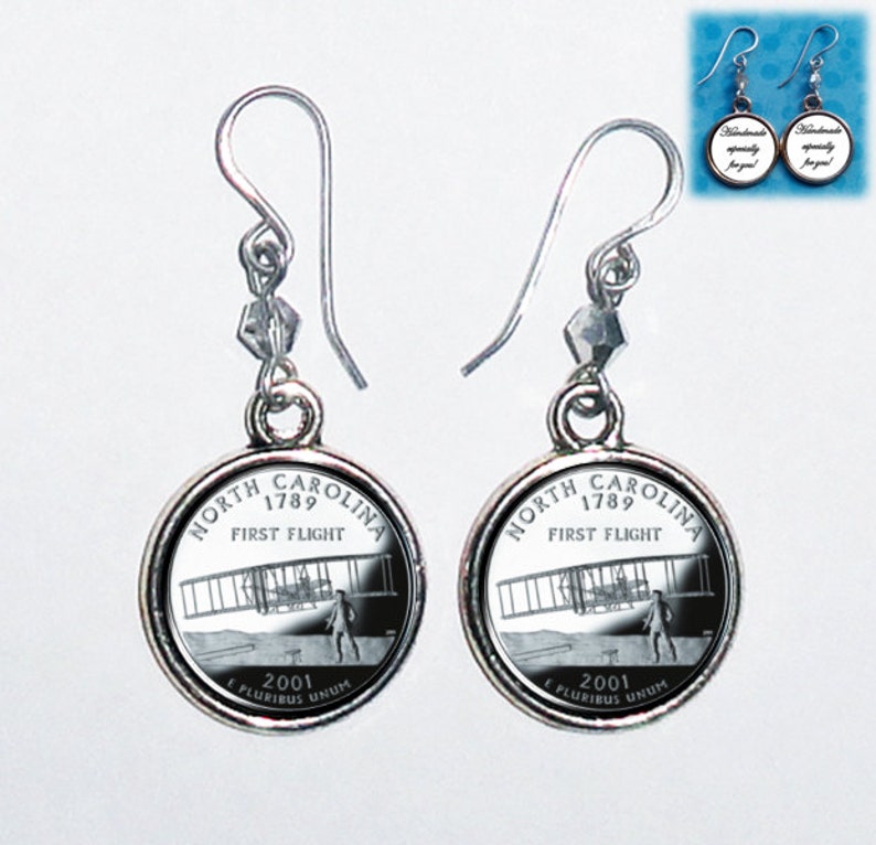 USA Quarter Dollar Image North Carolina Art Pendant Round Photo Silver and Resin Charm Jewelry Earrings andor Keychain