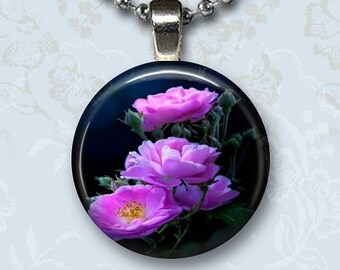 Light Violet Roses and Buds Photo Charm Pendant, Flowers Glass Dome Jewelry, Silver Chain Necklace