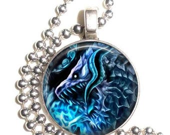 Blue Dragon Altered Art Photo Pendant, Earrings and/or Keychain Round, Silver and Resin Charm Jewelry