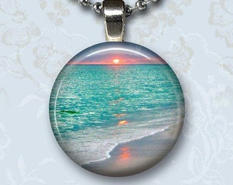 Sunset Beach Photo Charm Pendant, Aqua Blue Sea Glass Dome Jewelry, Silver Chain Necklace