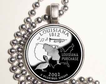 Louisiana Art Pendant, Earrings and/or Keychain, USA Quarter Dollar Image, Round Photo Silver and Resin Charm Jewelry