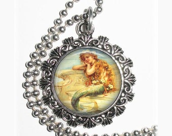 Vintage Mermaid Sitting on a Ship Art Pendant, Mermaid Resin Pendant, Mermaid Art, Photo Pendant