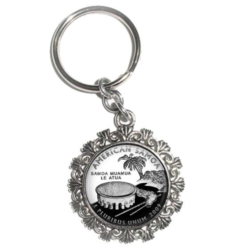 Silver and Resin Charm Jewelry Earrings andor Keychain Round USA Quarter Dollar Altered Art Photo Pendant American Samoa Charm