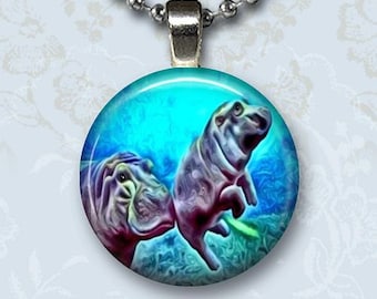 Hippo and Foal Photo Charm Pendant, Underwater Glass Dome Jewelry, Silver Chain Necklace