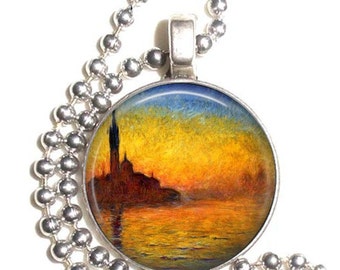 Venice at Dusk 1908 Claude Monet Art, Sea at Twilight Art Pendant, Earrings and/or Keychain, Round Photo Silver and Resin Charm Jewelry