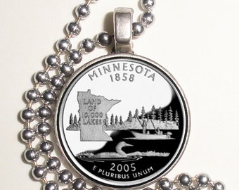 Minnesota Art Pendant, Earrings and/or Keychain, USA Quarter Dollar Image, Round Photo Silver and Resin Charm Jewelry