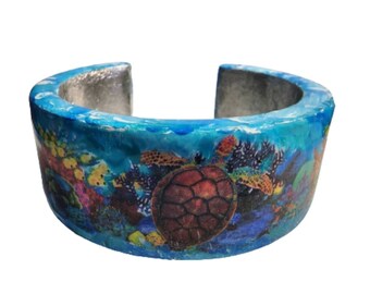 Handpainted Turtle Bracelet - Summer Jewelry - Beach Bangle - Blue and Silver Bracelet - Sea Resin Jewelry - Akissey Jewelry