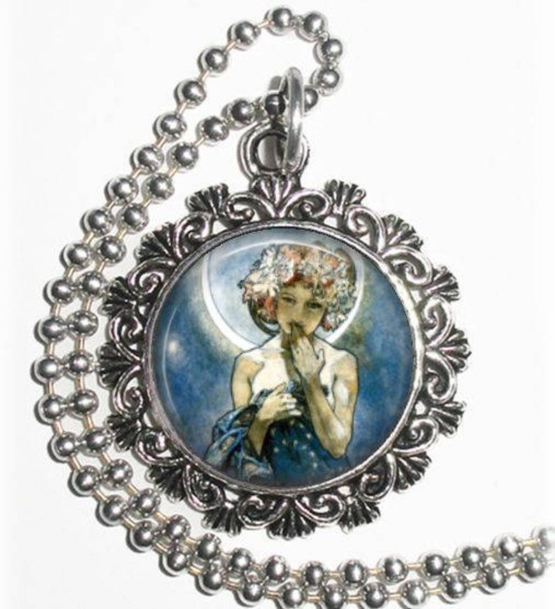 The Moon Art Pendant, Moon Lady Resin Pendant, Alphonse Mucha Art, Photo Pendant image 1