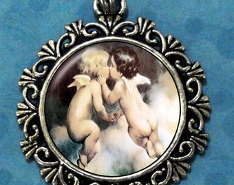 Two Angels Kissing Art Pendant, Valentine's Day Resin Pendant, Vintage Art, Photo Pendant