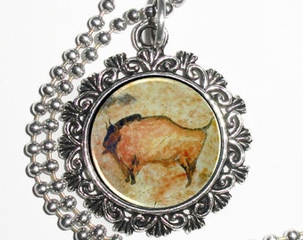 Primitive Buffalo Art Pendant, Cave Drawing Resin Photo Charm Necklace