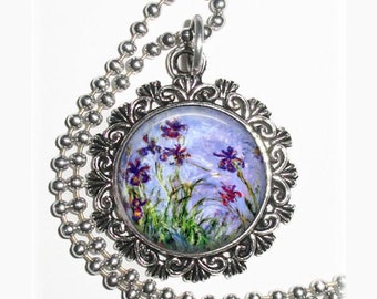 Irises Art Pendant, Violet Flowers Resin Pendant, Claude Monet Art, Photo Pendant by Yessijewels