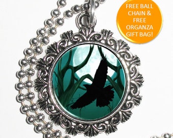 Flying Raven Crow Digital Art Pendant, Black Bird and Full Moon Resin Art Pendant, Photo Pendant