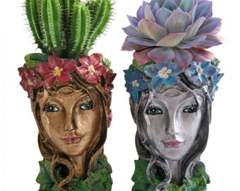 2 Gaia Mother Earth Head Planters/Pots for Small Cactus or Succulents. Candle holder, Pencil holder, Key holder, Coin holder, Makeup holders