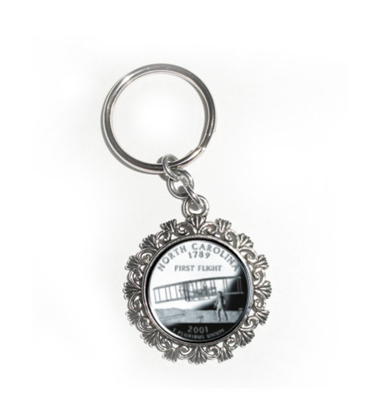 USA Quarter Dollar Image North Carolina Art Pendant Round Photo Silver and Resin Charm Jewelry Earrings andor Keychain
