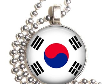 South Korea Flag, Art Pendant, Earrings and Keychain, Round Photo Silver and Resin Charm Jewelry, Flag Earrings, Flag Key Fob