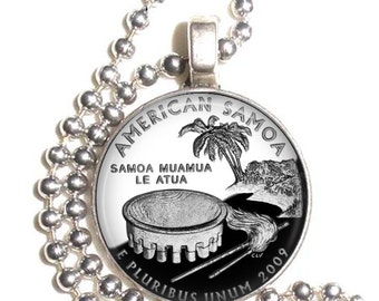 American Samoa Charm, USA Quarter Dollar Altered Art Photo Pendant, Earrings and/or Keychain Round, Silver and Resin Charm Jewelry