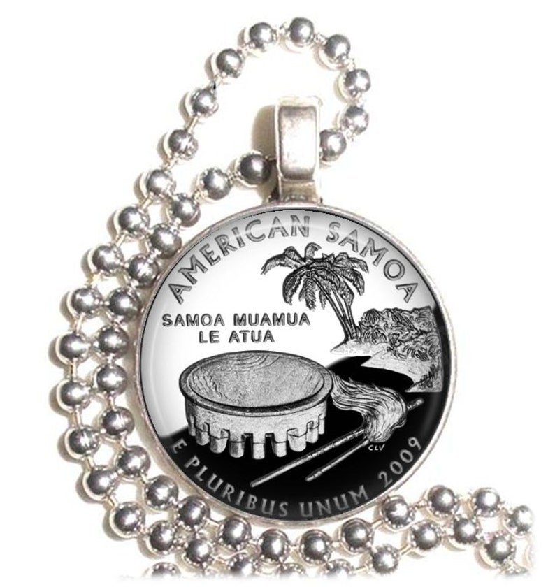 Silver and Resin Charm Jewelry Earrings andor Keychain Round USA Quarter Dollar Altered Art Photo Pendant American Samoa Charm