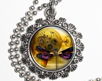 Clockwork and Violet Dragonfly Art Pendant, Steampunk Resin Charm Necklace